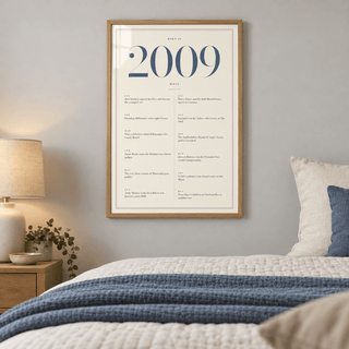 2009 year print with slate blue numerals on cream above simple furniture at home