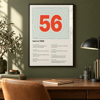 1956 print with the year as a contour map summit above simple furniture at home