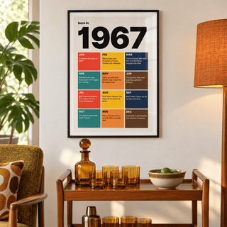 1967 print with twelve coloured month tiles above simple furniture at home
