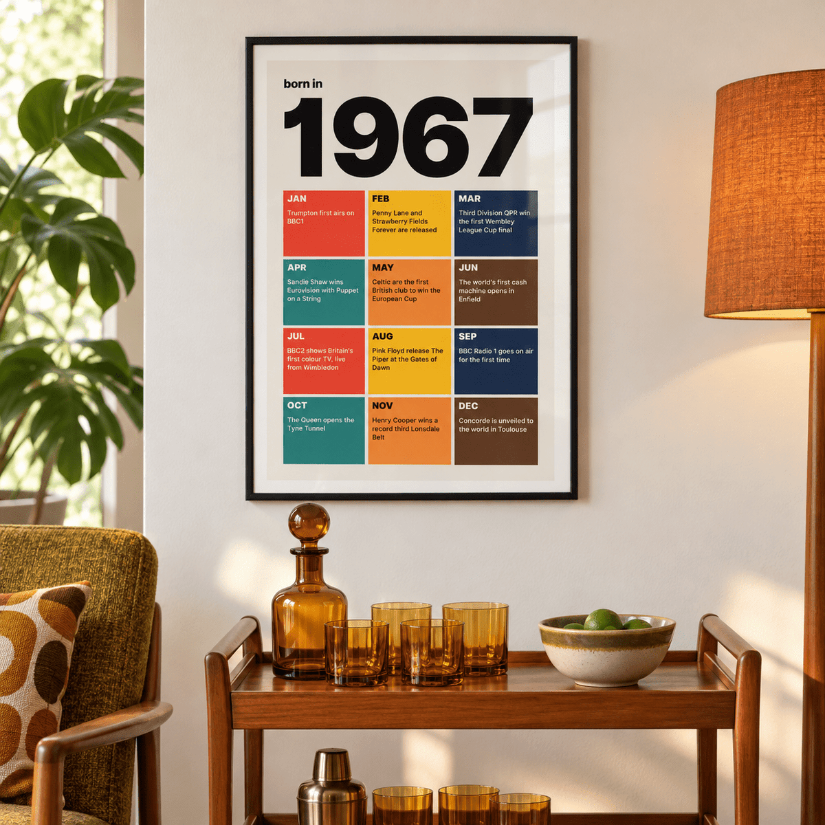 1967 print with twelve coloured month tiles above simple furniture at home