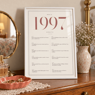 1997 year print with dusty rose numerals on cream above simple furniture at home