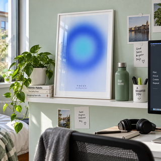 Deep blue and turquoise focus print on a shelf in a student dorm