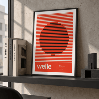 Red stripes with a shifting circle print leaning on a picture ledge