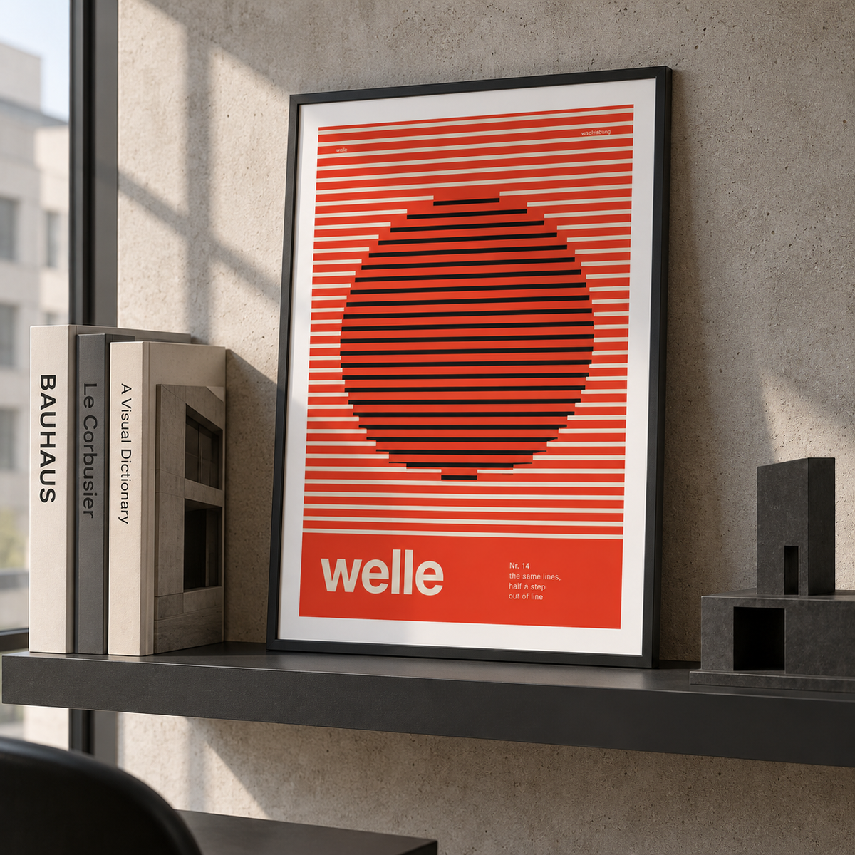 Red stripes with a shifting circle print leaning on a picture ledge