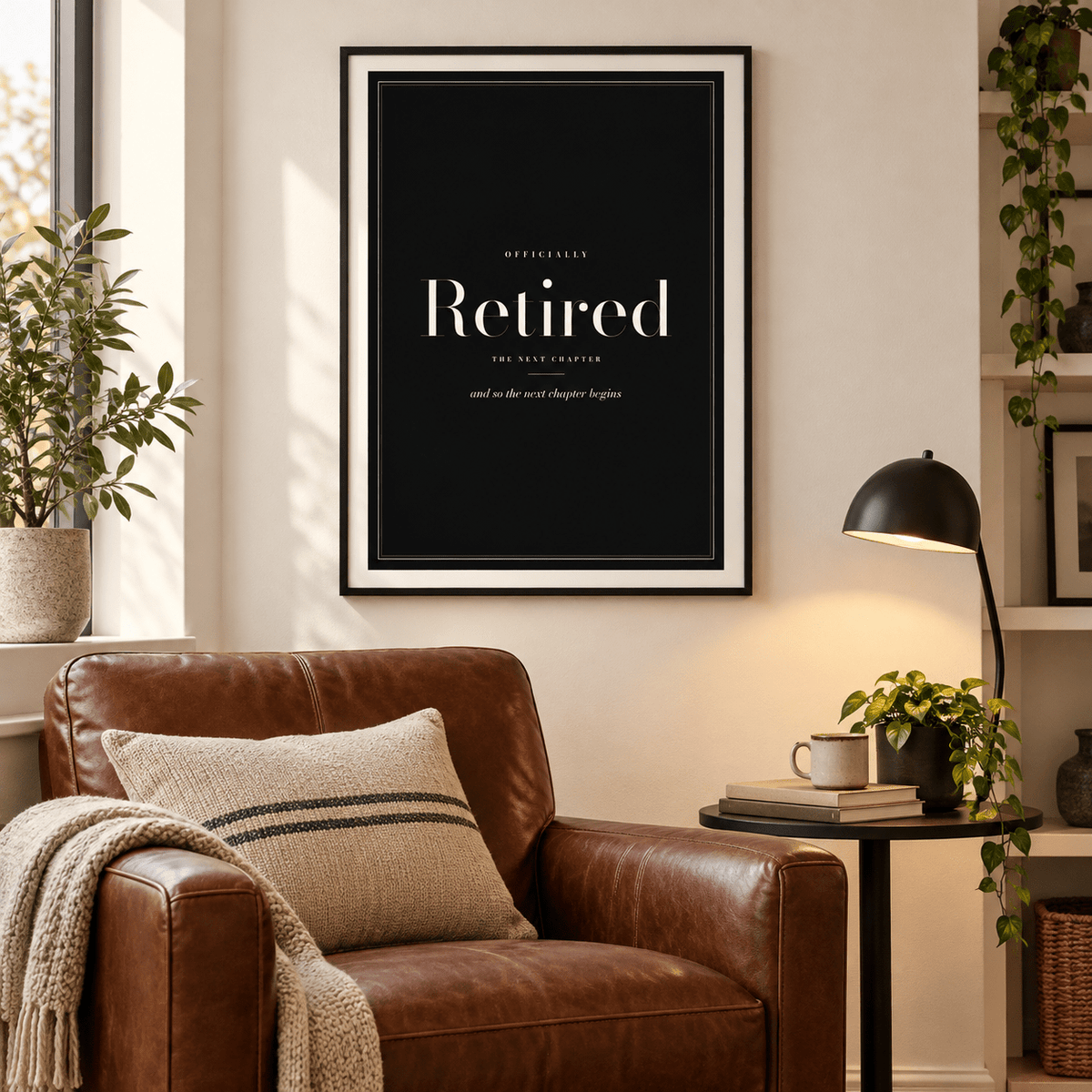 Officially retired black print above an armchair in a cosy reading corner