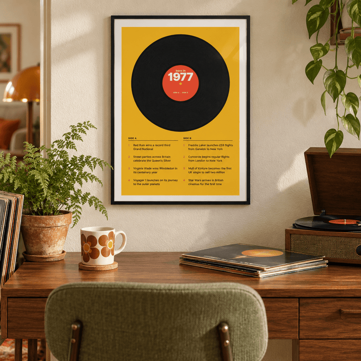 1977 print styled as a vinyl record on mustard above simple furniture at home
