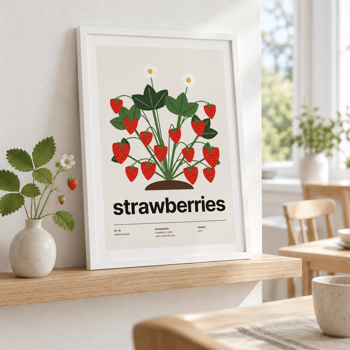 Strawberry plant print leaning on a sideboard in a kitchen