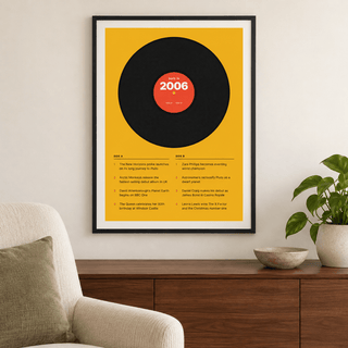 2006 print styled as a vinyl record on mustard above simple furniture at home
