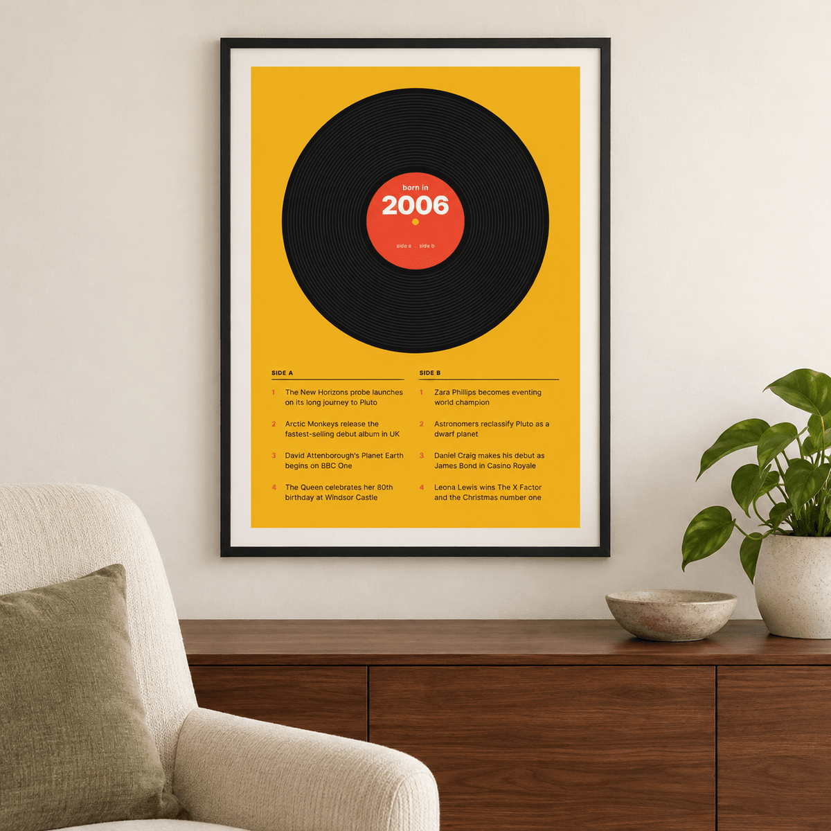 2006 print styled as a vinyl record on mustard above simple furniture at home