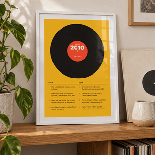 2010 print styled as a vinyl record on mustard above simple furniture at home