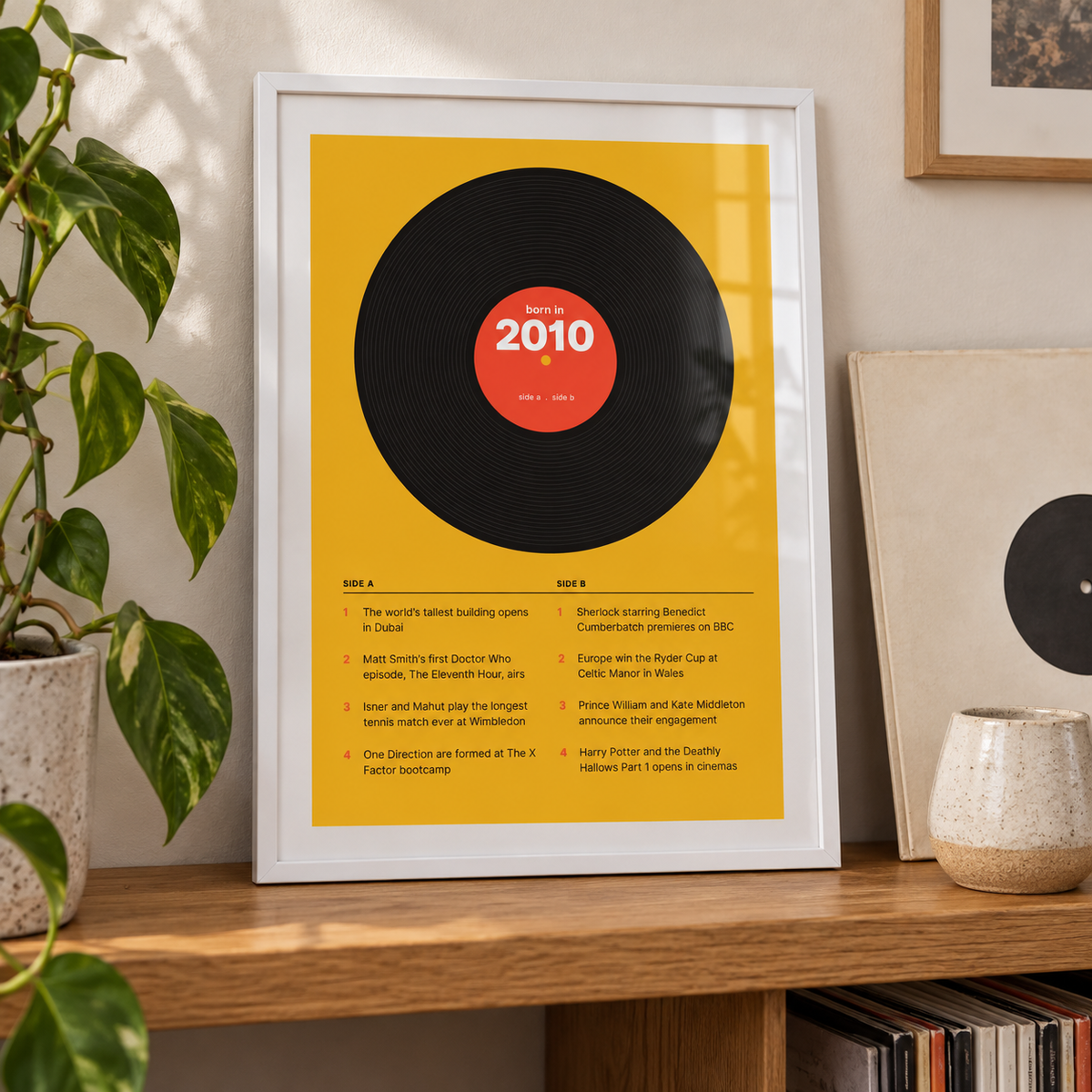 2010 print styled as a vinyl record on mustard above simple furniture at home