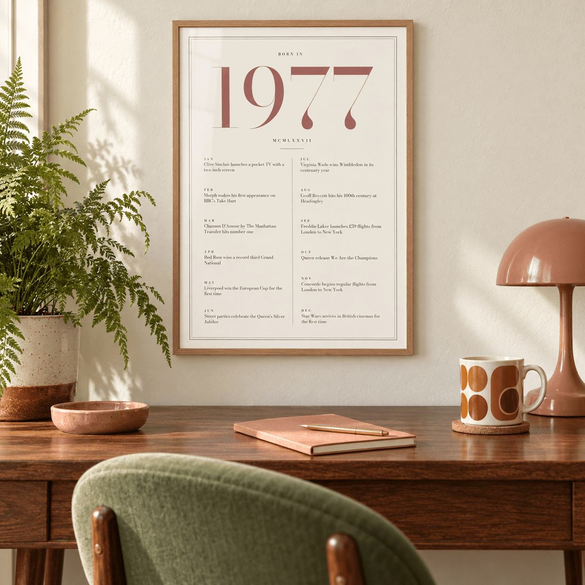 1977 year print with dusty rose numerals on cream above simple furniture at home