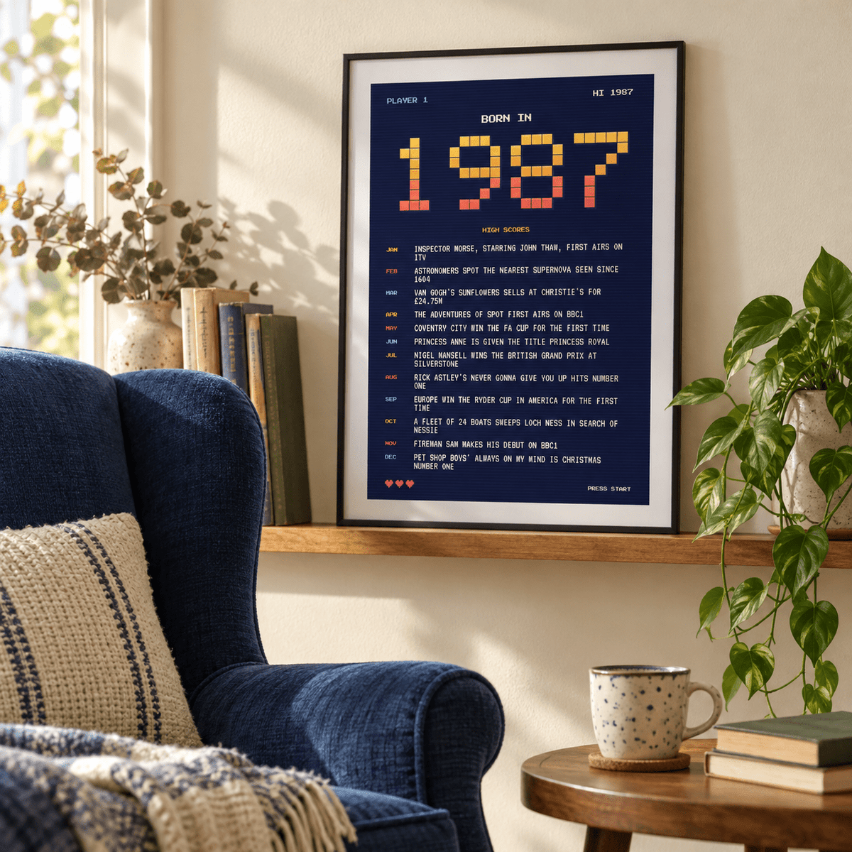 1987 pixel art print in arcade sunset colours above simple furniture at home