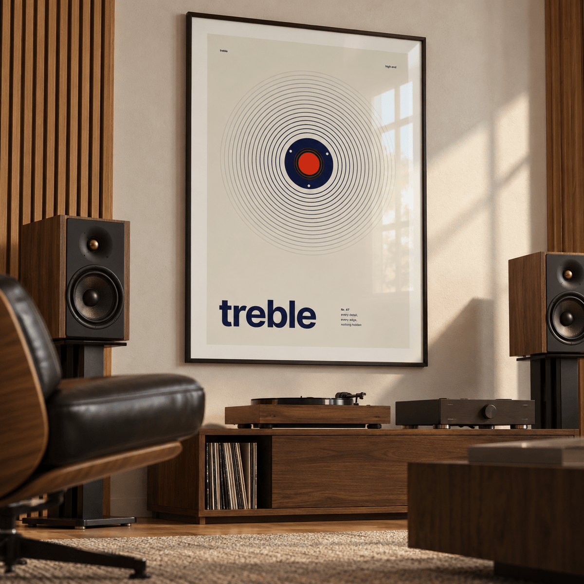 Treble speaker with tight rings print in a home music studio