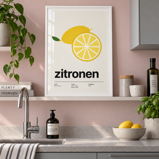 Whole lemon and lemon slice print on a shelf in a kitchen against a pink wall