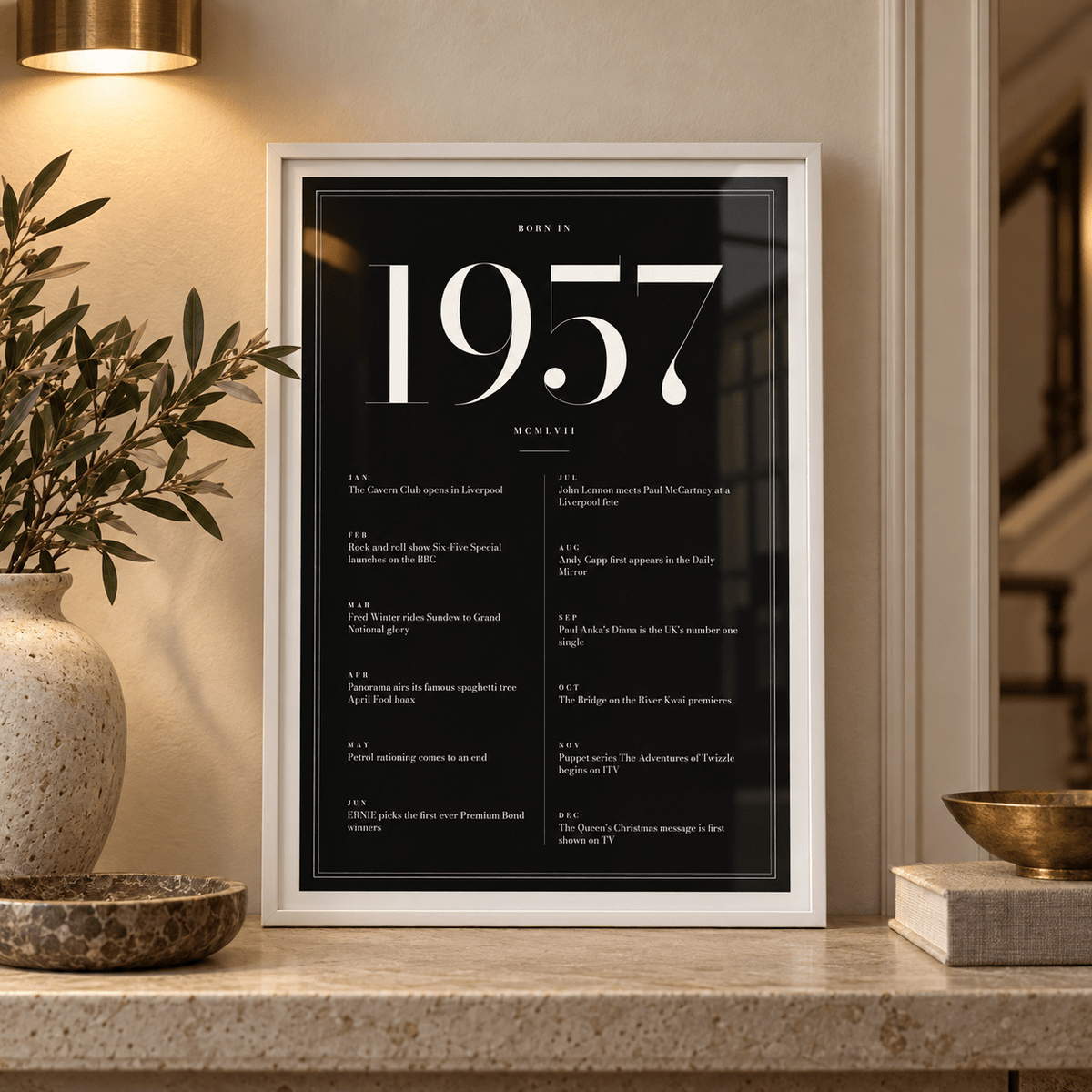 1957 year print in ivory numerals on black above simple furniture at home