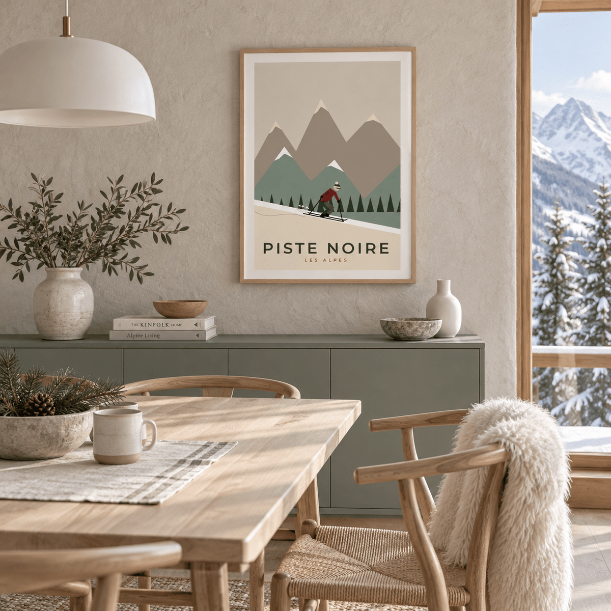 Retro alpine skier print in a dining room at Christmas