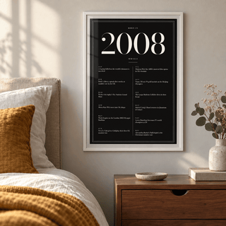 2008 year print in ivory numerals on black above simple furniture at home