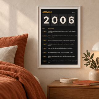 2006 print styled as a split flap arrivals board above simple furniture at home