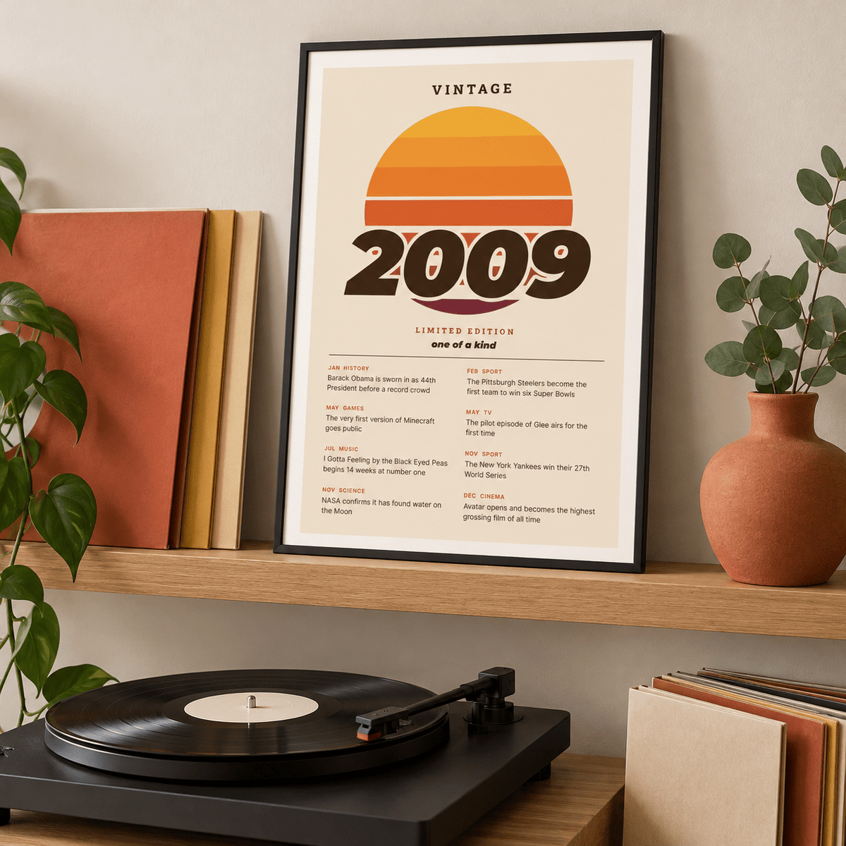 Vintage 2009 print with a retro striped sunset above simple furniture at home