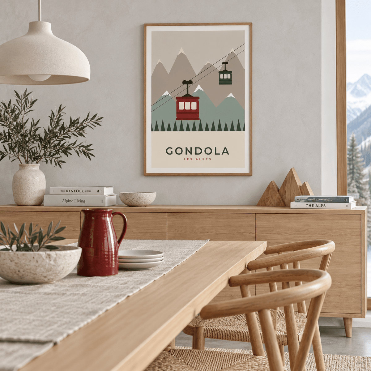 Red alpine gondola print in a dining room at Christmas