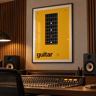 Guitar fretboard close up print in a studio control room