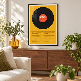 2005 print styled as a vinyl record on mustard above simple furniture at home