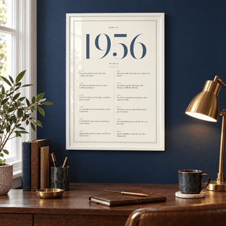 1956 year print with slate blue numerals on cream above simple furniture at home