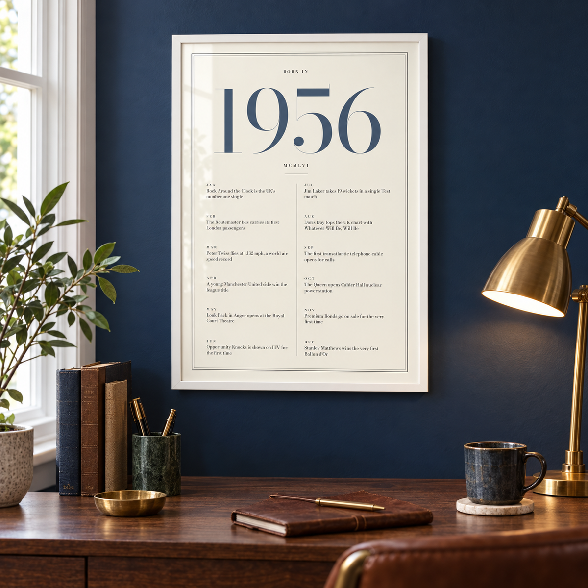 1956 year print with slate blue numerals on cream above simple furniture at home