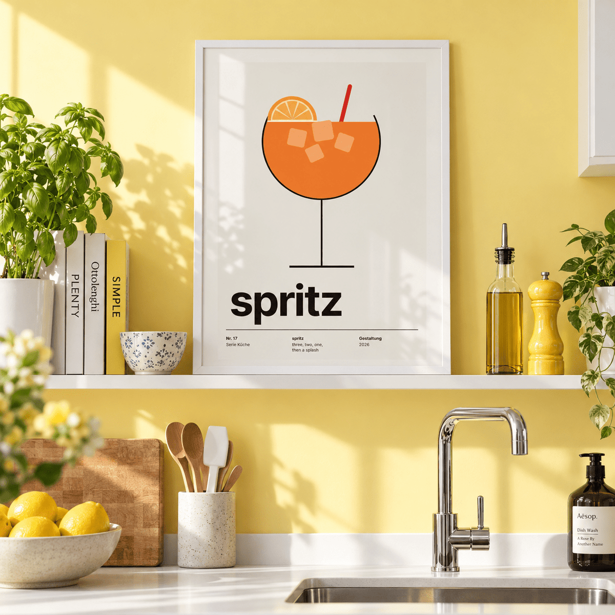 Orange spritz in a balloon glass print on a shelf in a kitchen