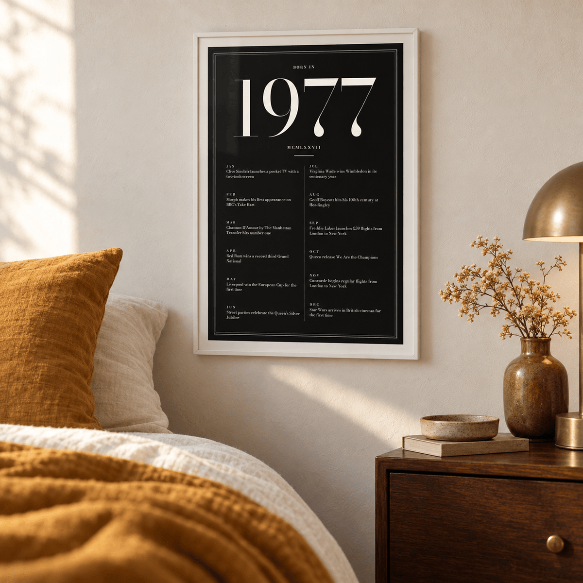 1977 year print in ivory numerals on black above simple furniture at home