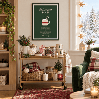Green hot cocoa bar sign print in a family cocoa cart at Christmas