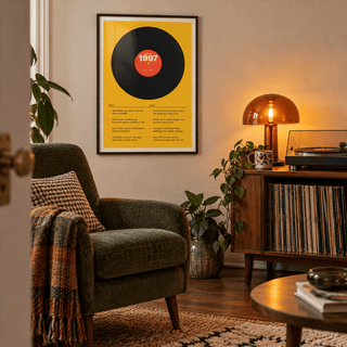 1997 print styled as a vinyl record on mustard above simple furniture at home