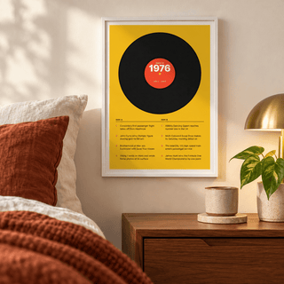 1976 print styled as a vinyl record on mustard above simple furniture at home