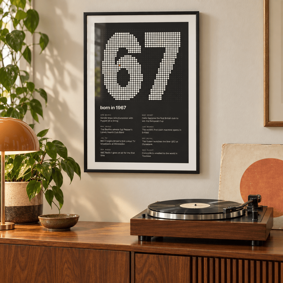 1967 print with the year built from cream dots above simple furniture at home