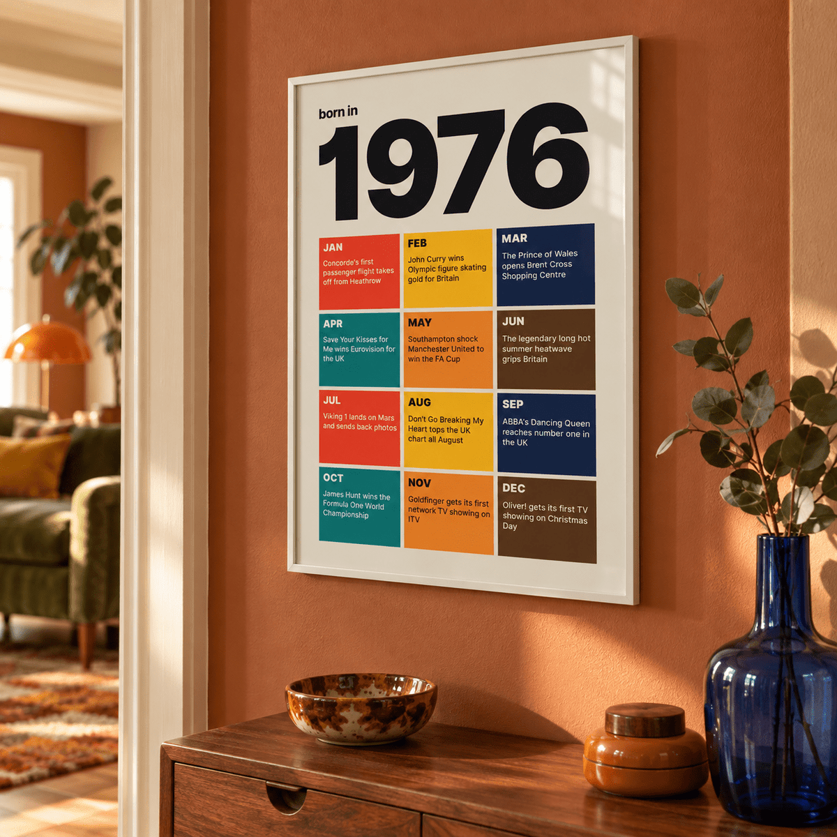 1976 print with twelve coloured month tiles above simple furniture at home