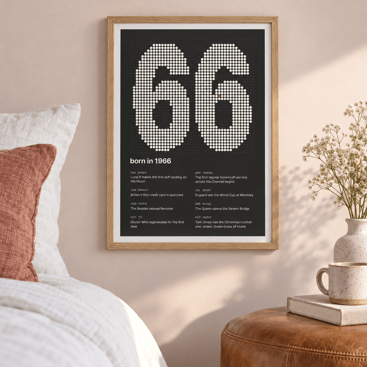 1966 print with the year built from cream dots above simple furniture at home