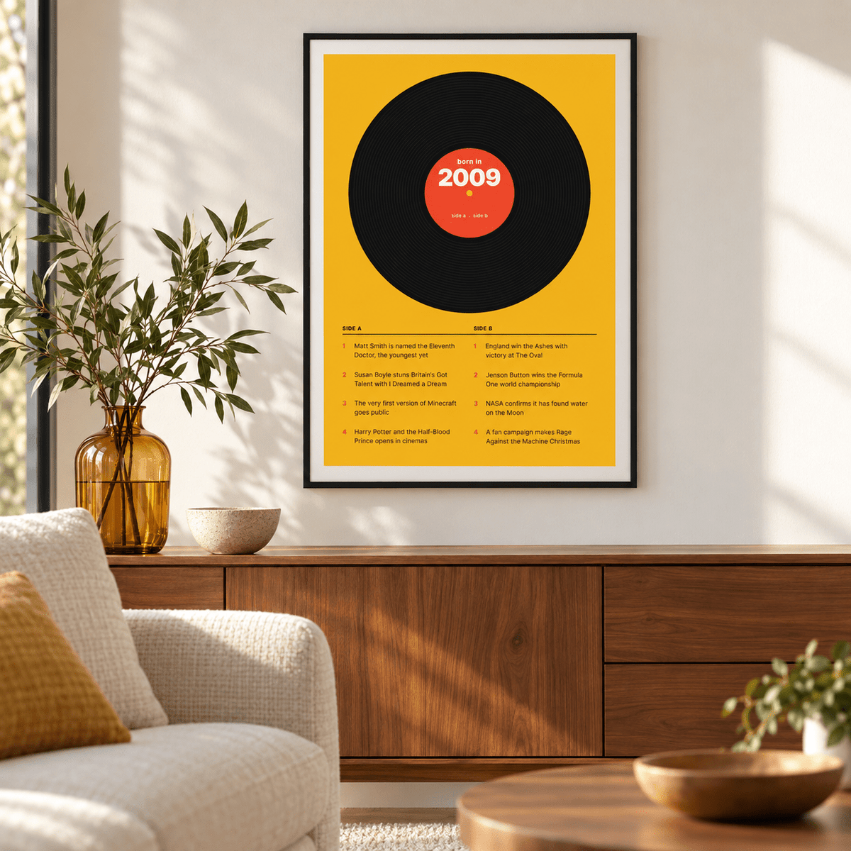 2009 print styled as a vinyl record on mustard above simple furniture at home
