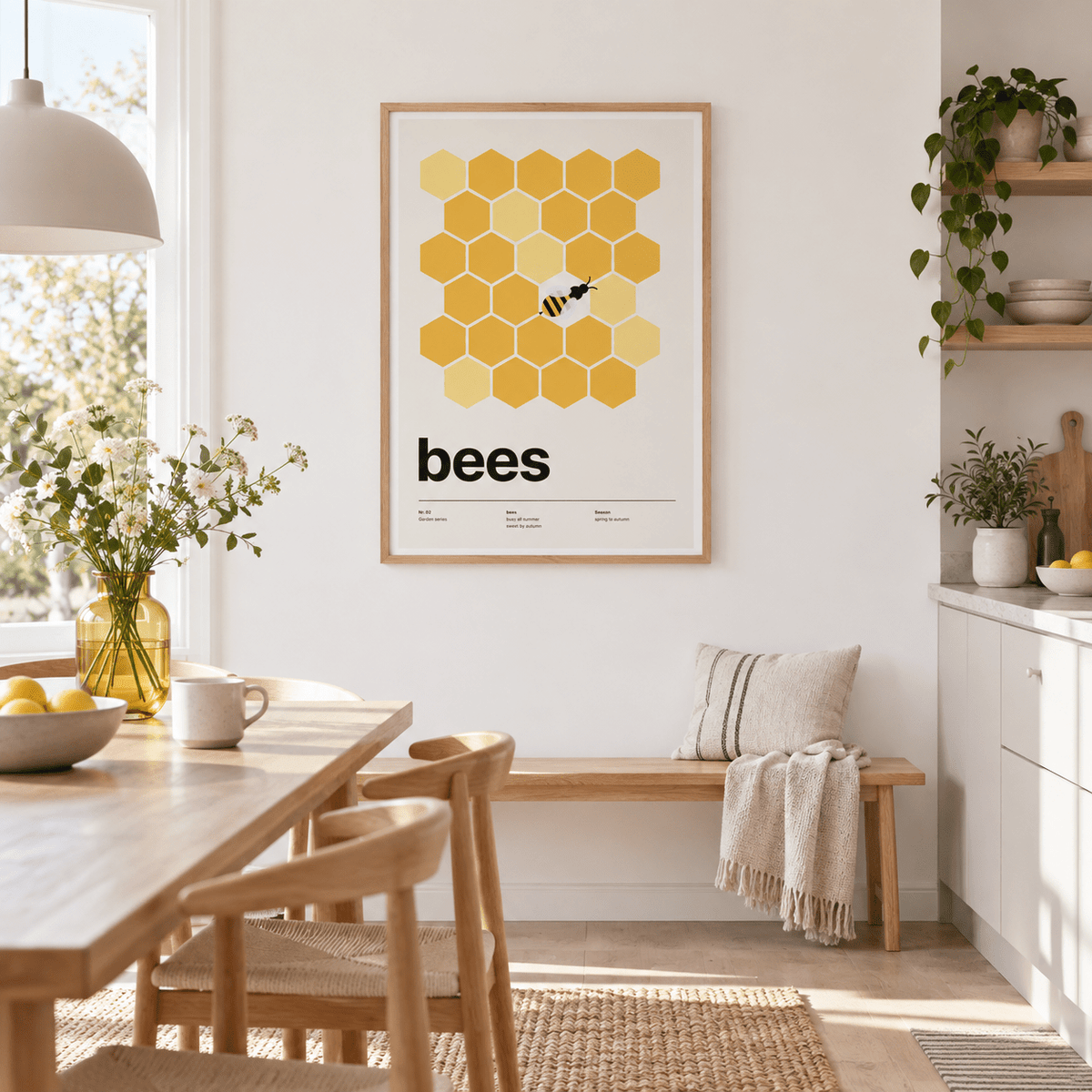 Honeycomb bee print above a table in a light dining room