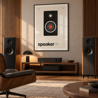 Black studio monitor speaker print in a home music studio