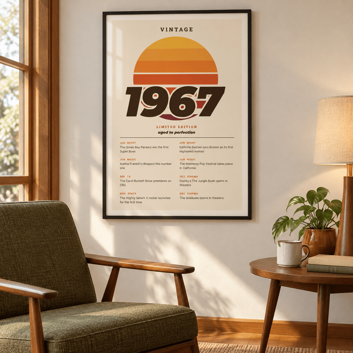 Vintage 1967 print with a retro striped sunset above simple furniture at home