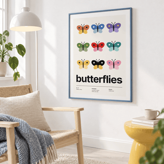 Butterfly specimen print above an armchair in a cosy reading corner