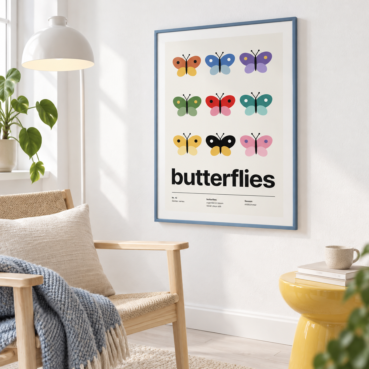 Butterfly specimen print above an armchair in a cosy reading corner