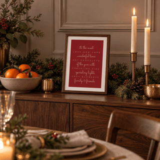 Red most wonderful time quote print in a dining room sideboard at Christmas
