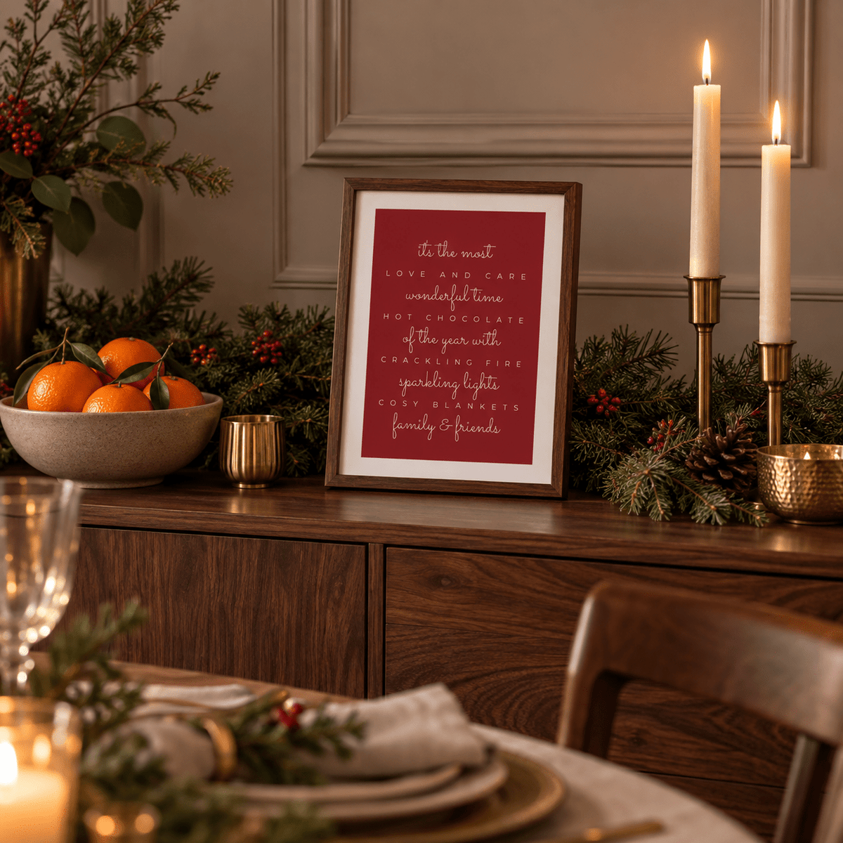 Red most wonderful time quote print in a dining room sideboard at Christmas