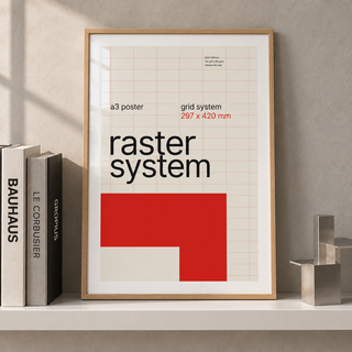 Swiss grid system poster leaning on a picture ledge