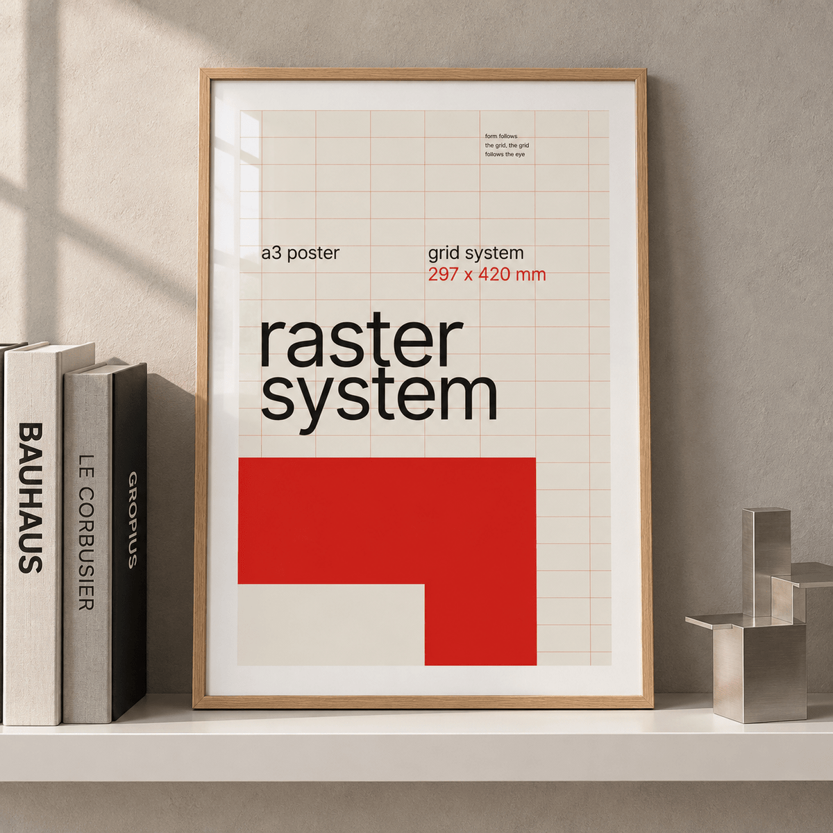 Swiss grid system poster leaning on a picture ledge