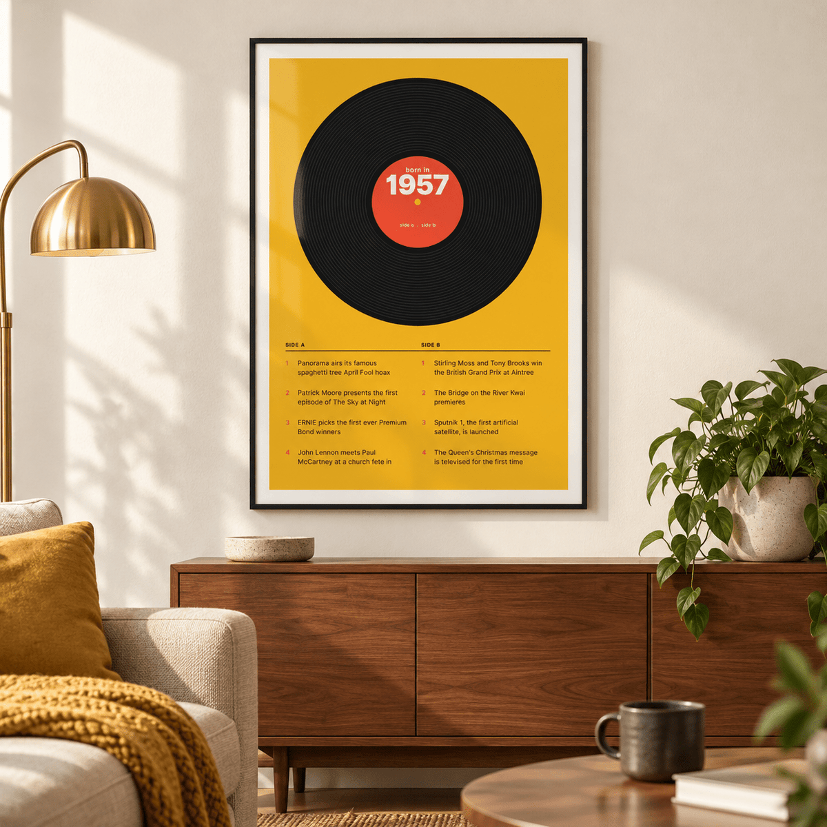 1957 print styled as a vinyl record on mustard above simple furniture at home
