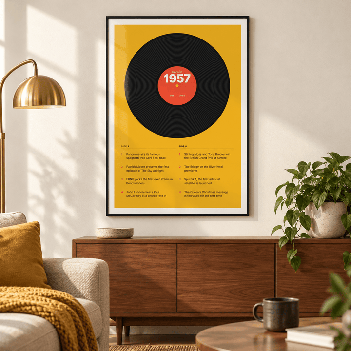 1957 print styled as a vinyl record on mustard above simple furniture at home
