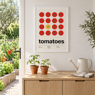 Swiss style tomato print in a garden room filled with green plants